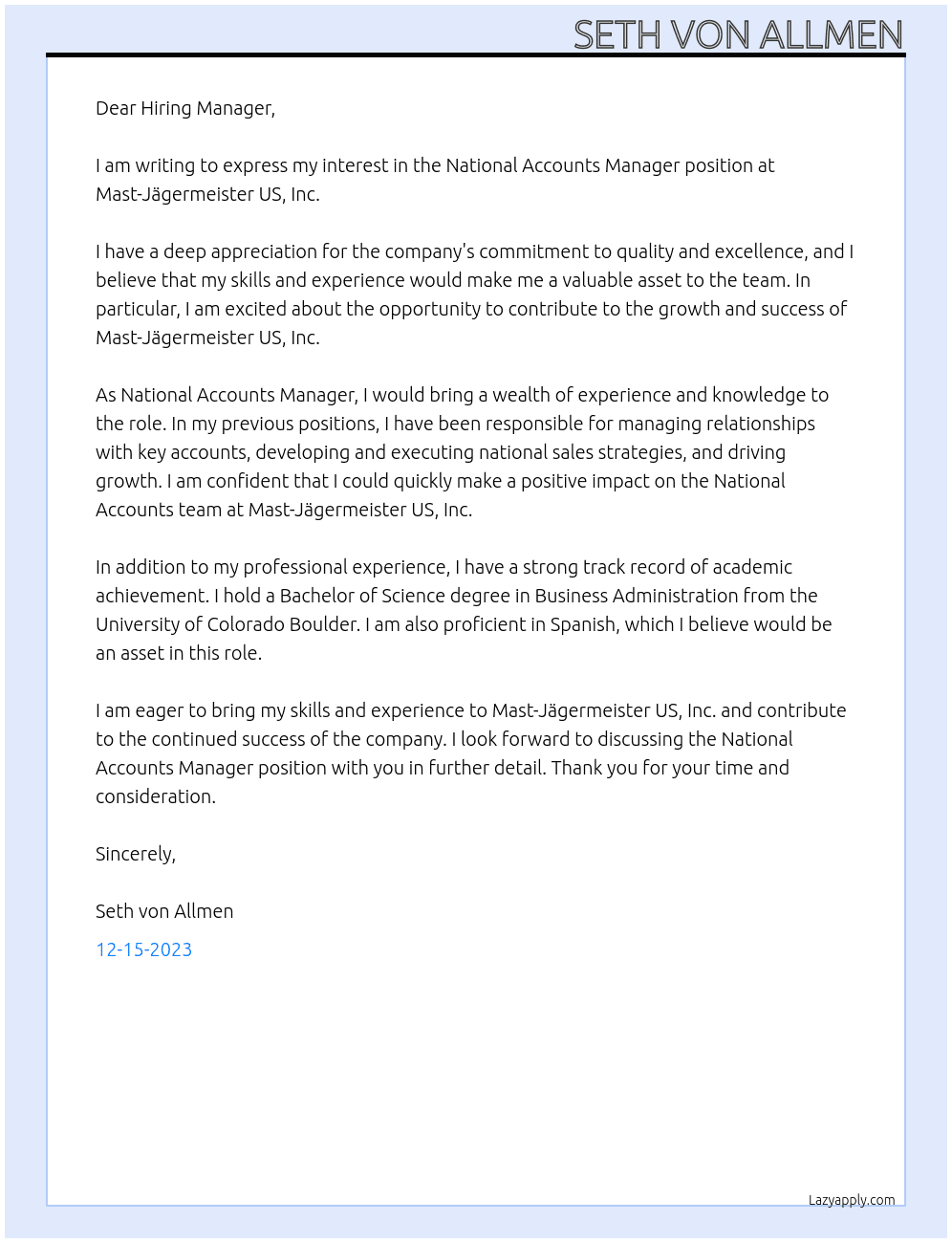 National Accounts Manager At Mast-Jägermeister US, Inc. Cover Letter