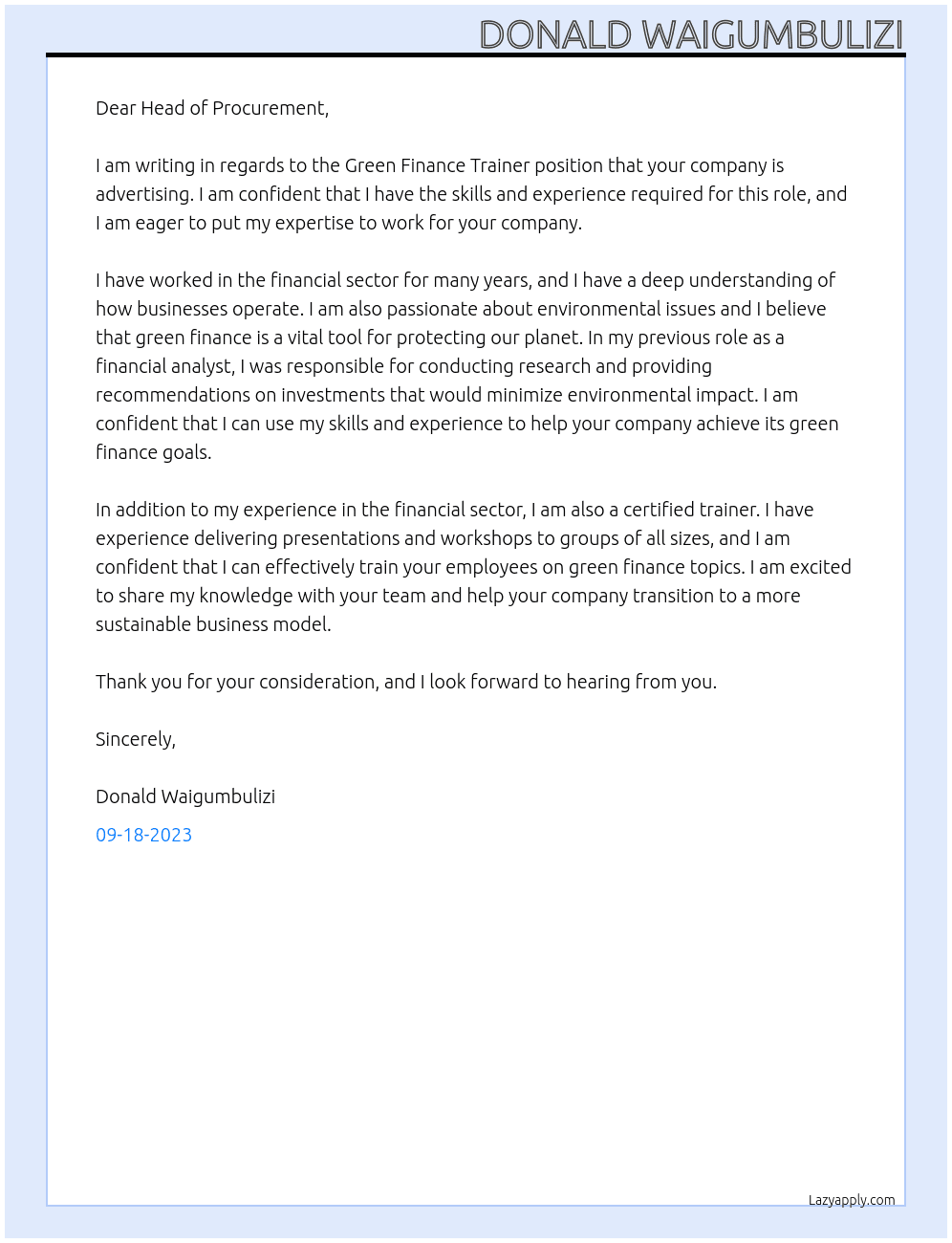 Green Finance Trainer At agricultural business initiatives Cover Letter
