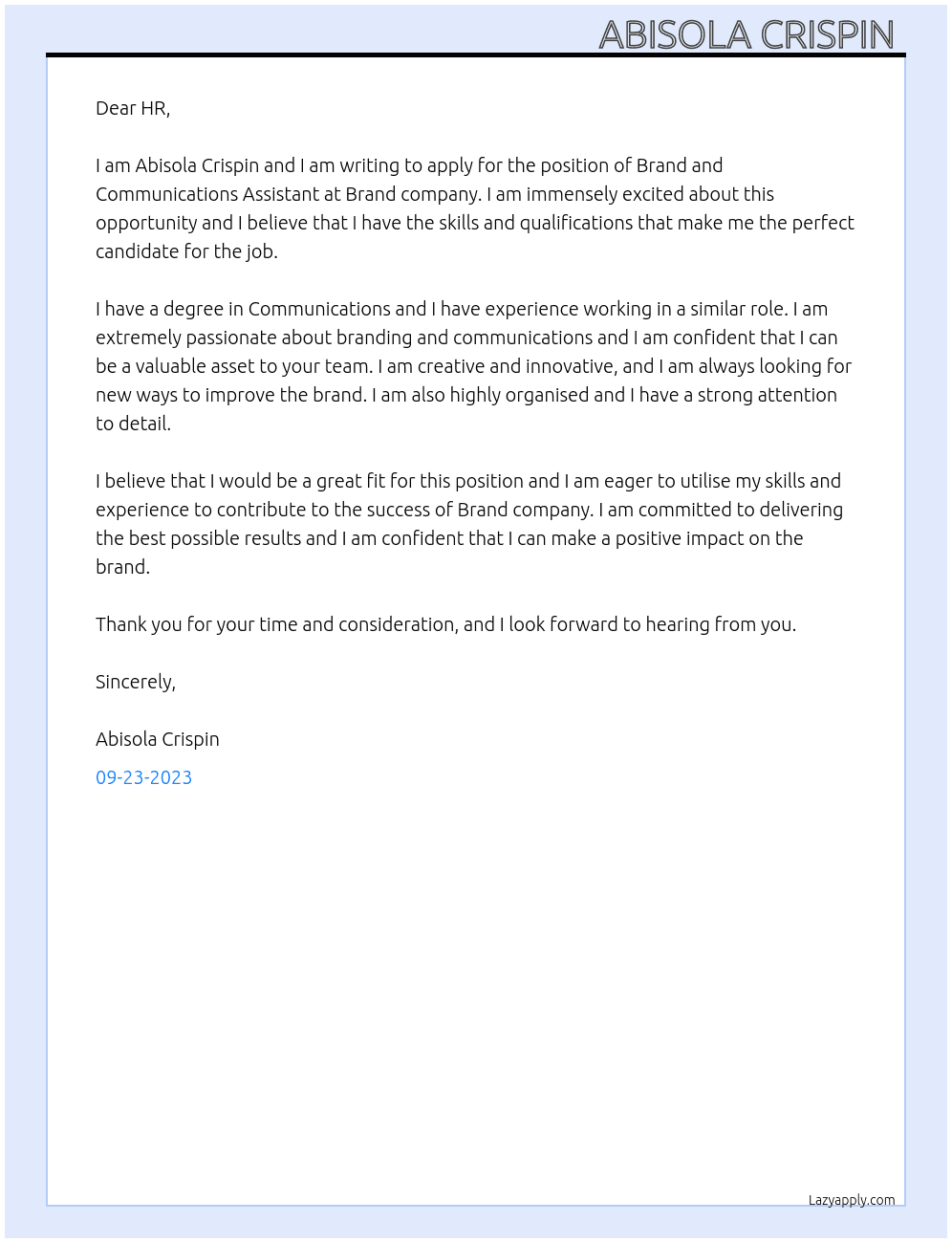 Brand and Communications Assistant  At Brand company  Cover Letter