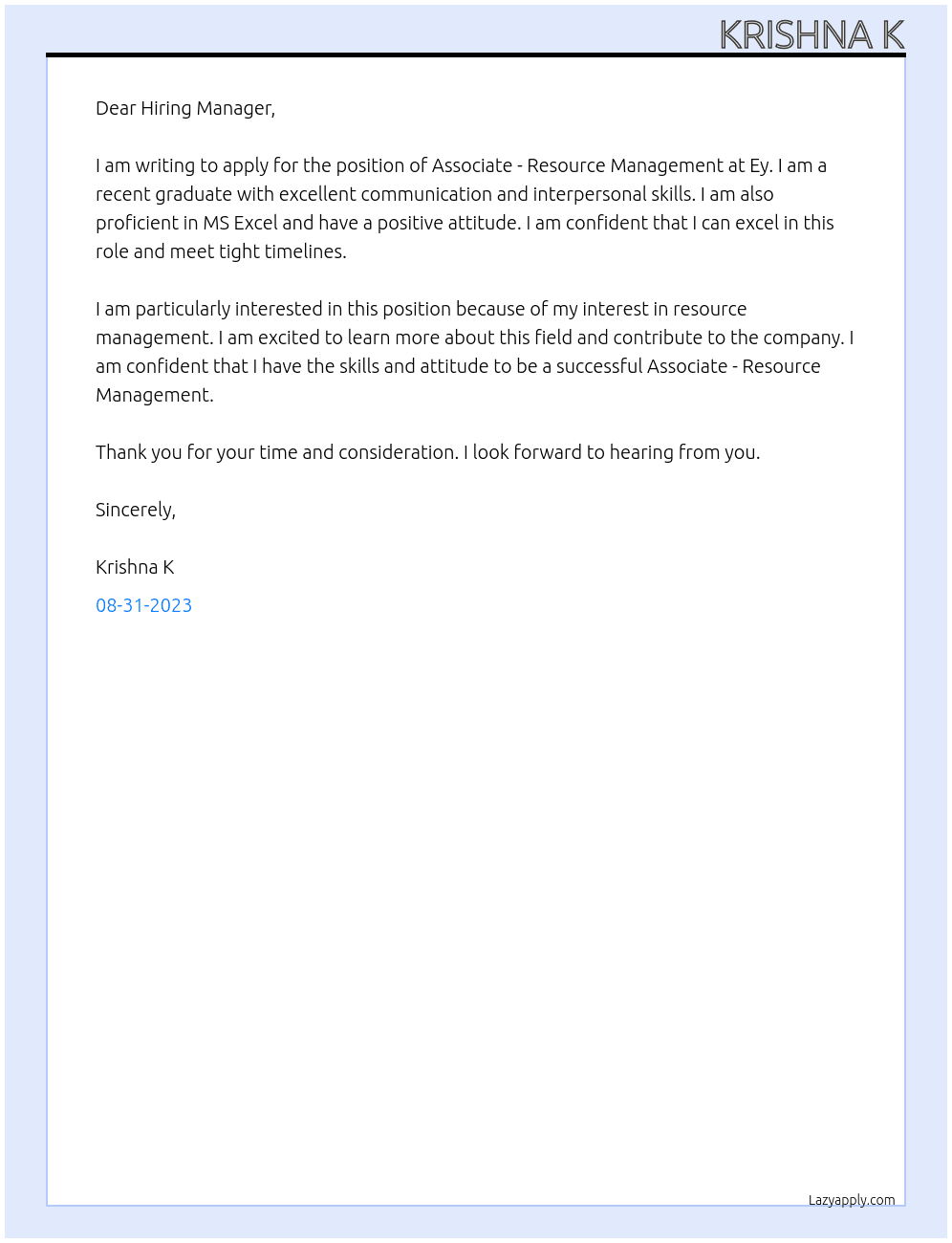 Associate - Resource Management At Ey Cover Letter
