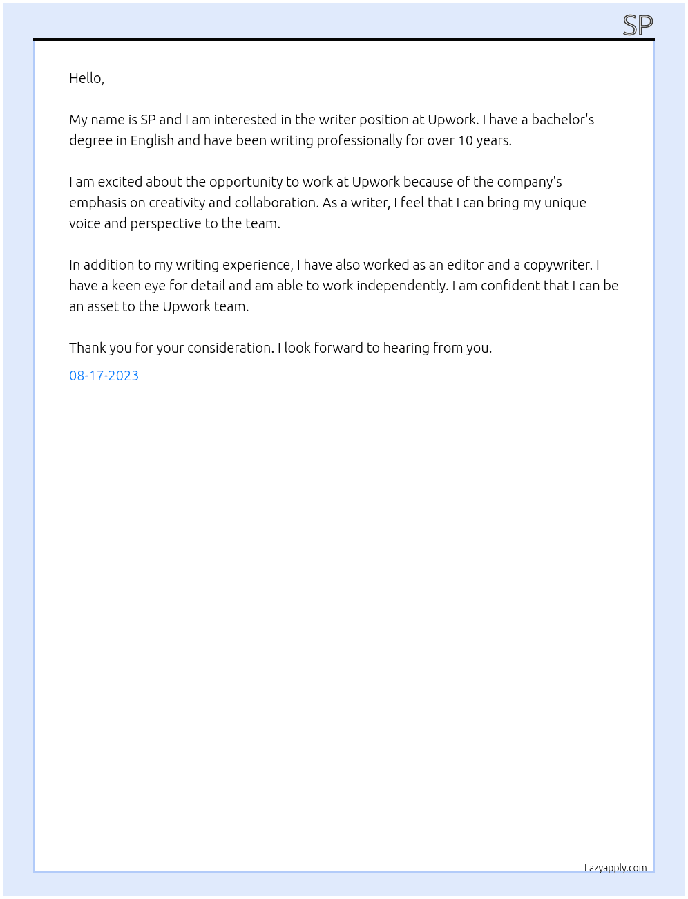 writer At Upwork Cover Letter