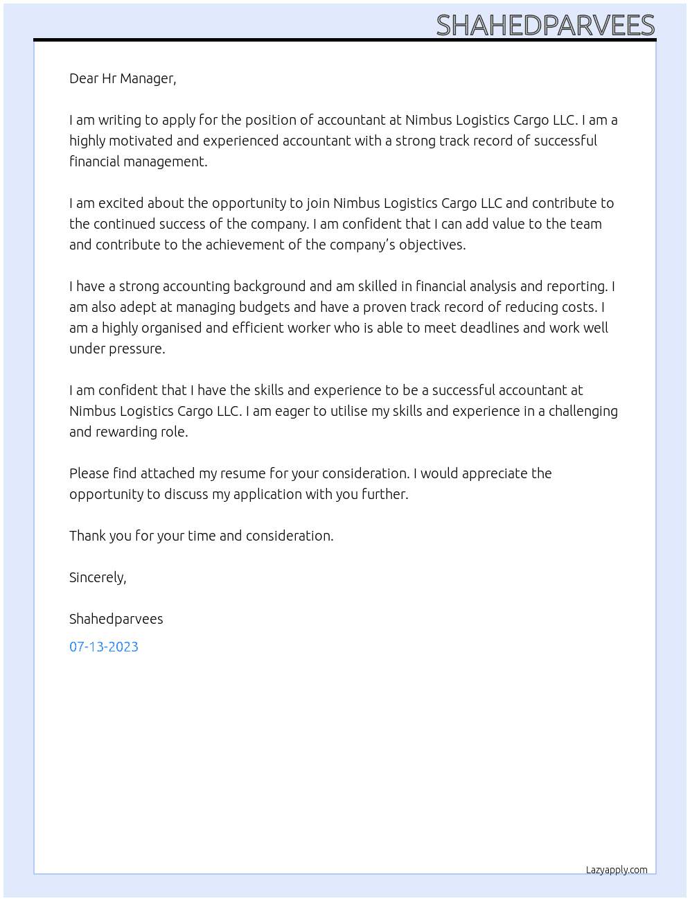 Accountant At Nimbus Logistics Cargo LLC Cover Letter