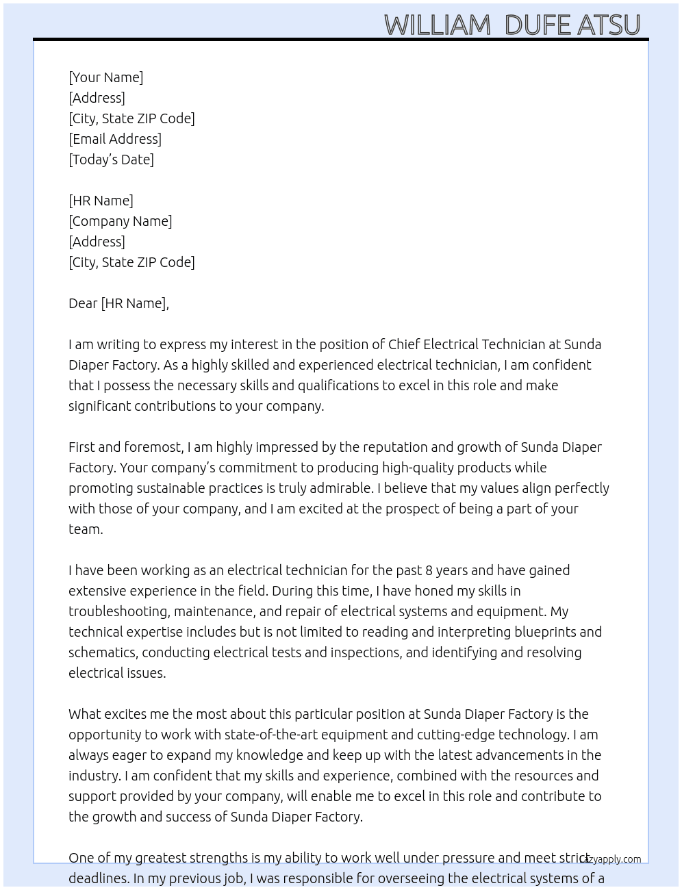 Chief electrical Technician  At Sunda diaper factory  Cover Letter