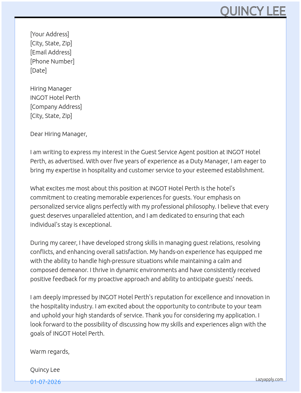 Guest Service Agent At INGOT Hotel Perth Cover Letter