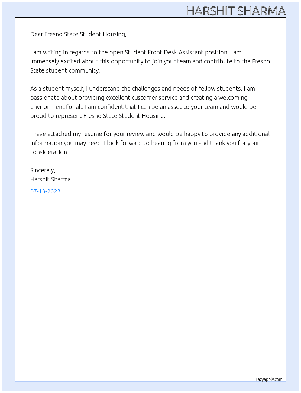 Student Front desk Assistant  At Fresno State Student housing Cover Letter
