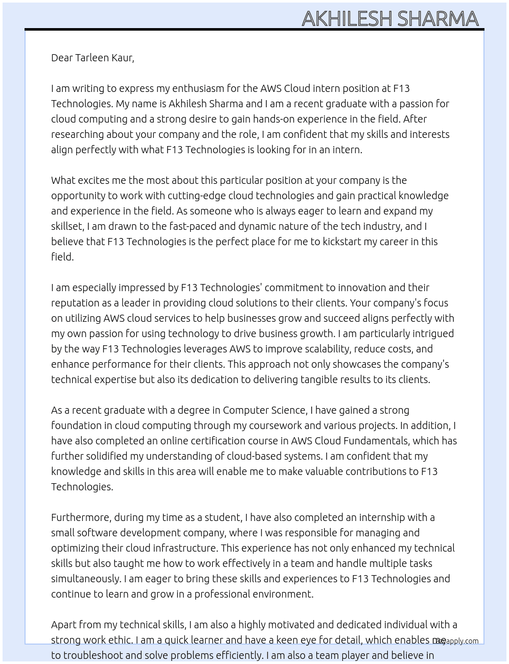 AWS Cloud intern At F13 Technologies  Cover Letter