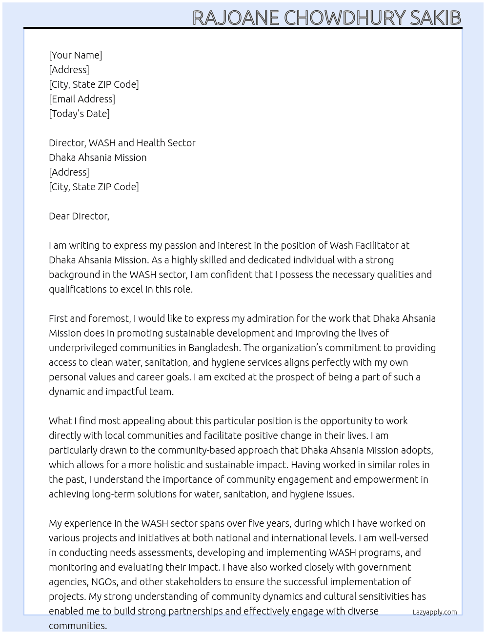 Wash Facilitator At Dhaka Ahsania Mission Cover Letter