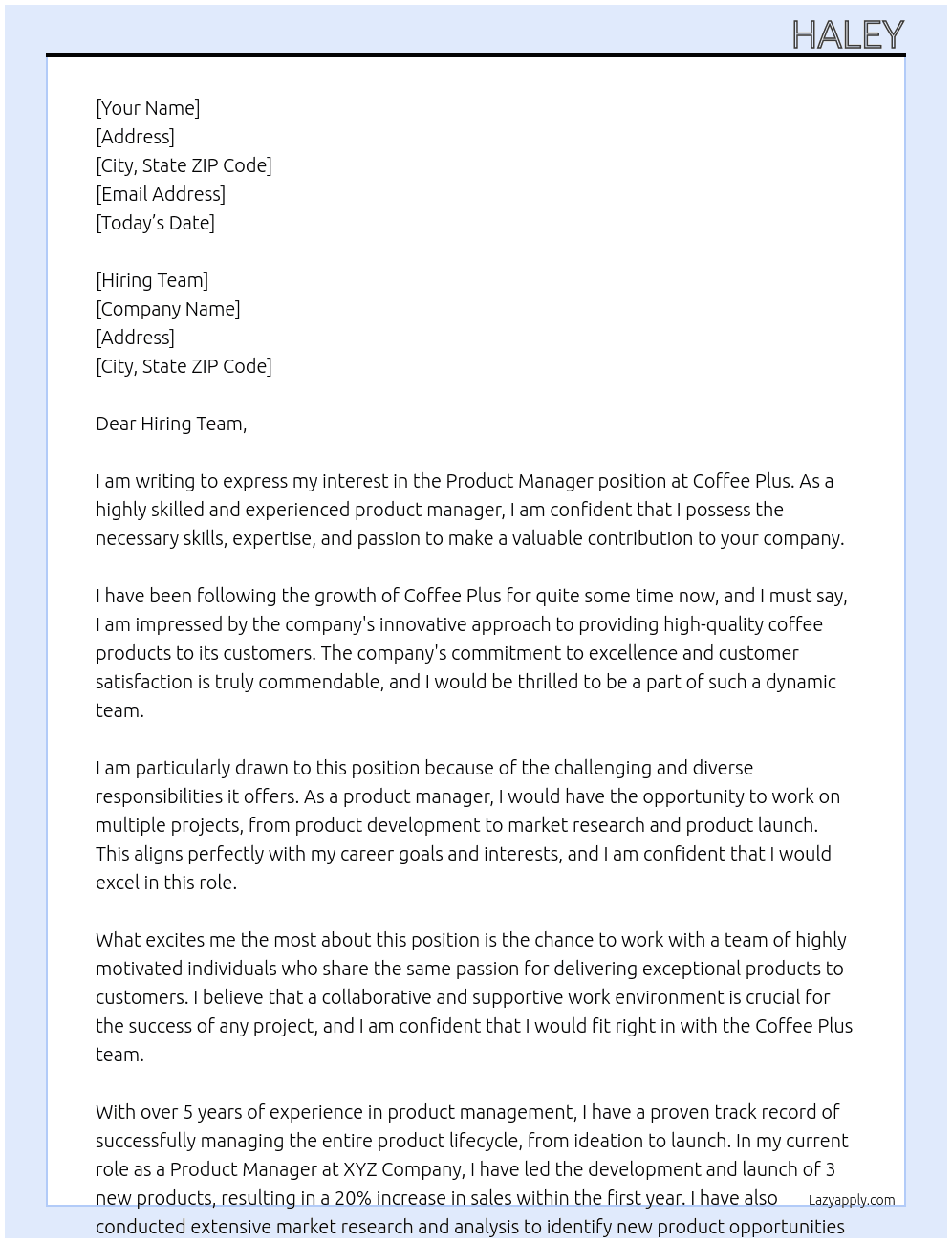 product manager At Coffee Plus Cover Letter