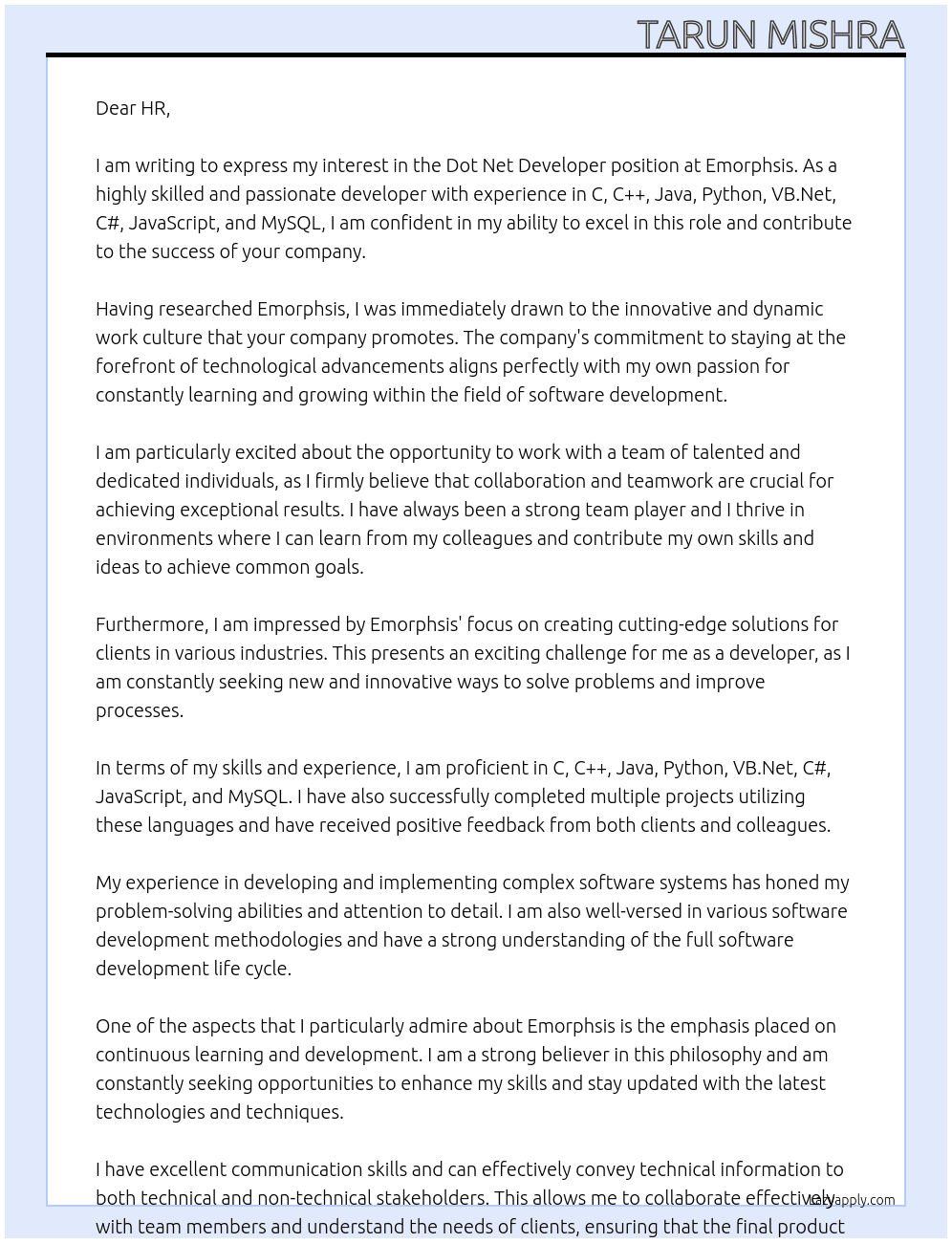Dot Net Developer At Emorphsis Cover Letter