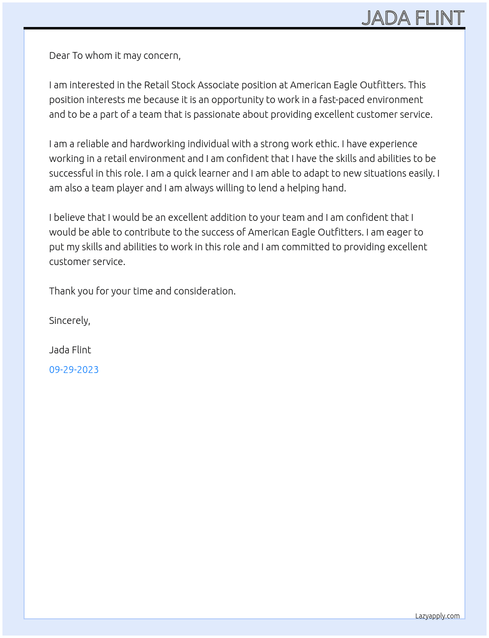 Retail Stock Associate At American Eagle Outfitters Cover Letter