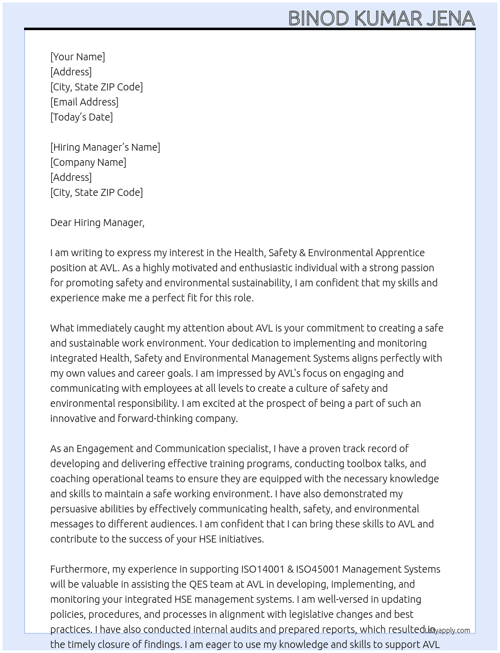 Health, Safety & Environmental ApprenticeHealth, Safety & Environmental Apprentice At AVL  Cover Letter