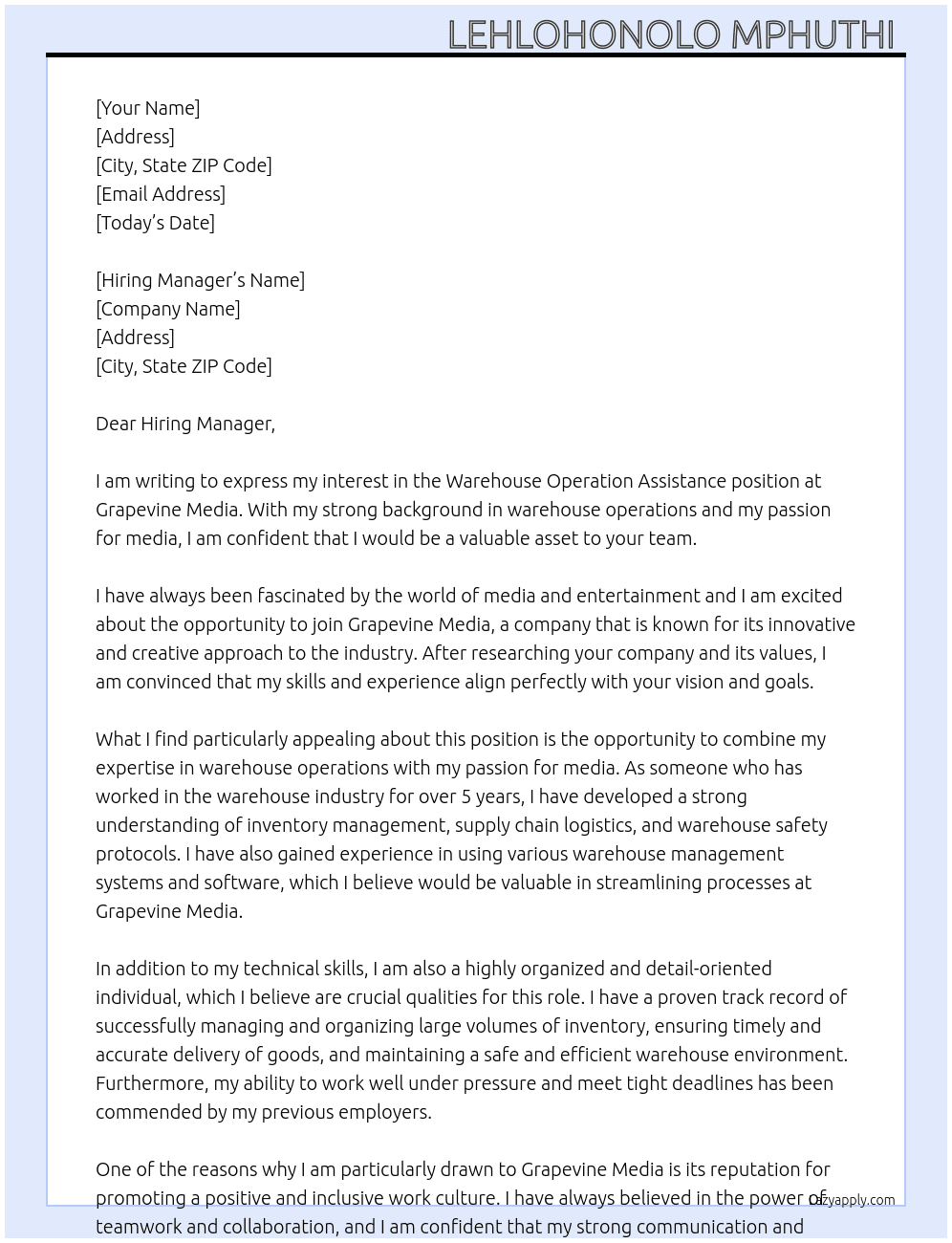 Warehouse Operation Assistance  At Grapevine Media Cover Letter