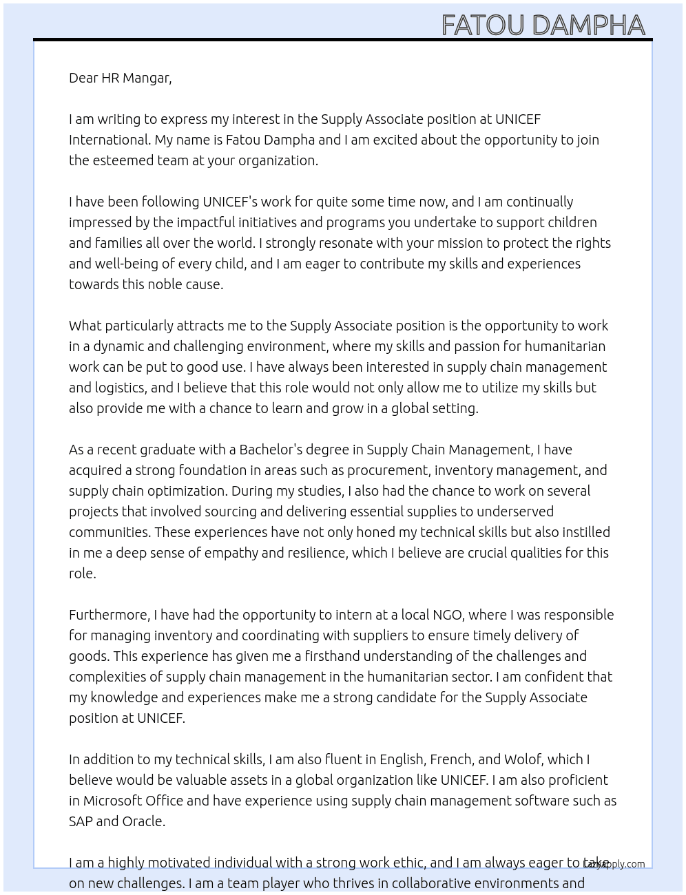 Supply associate  At UNICEF international  Cover Letter