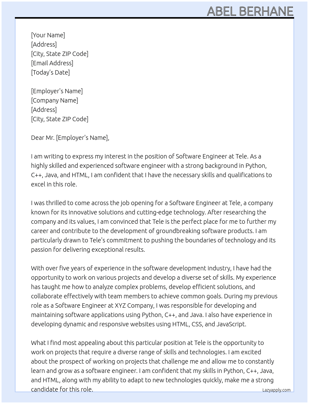 Software engineer  At Tele Cover Letter