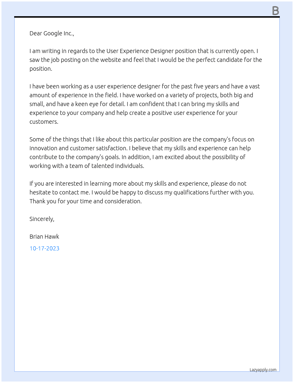 User Experience Designer At Google Inc. Cover Letter