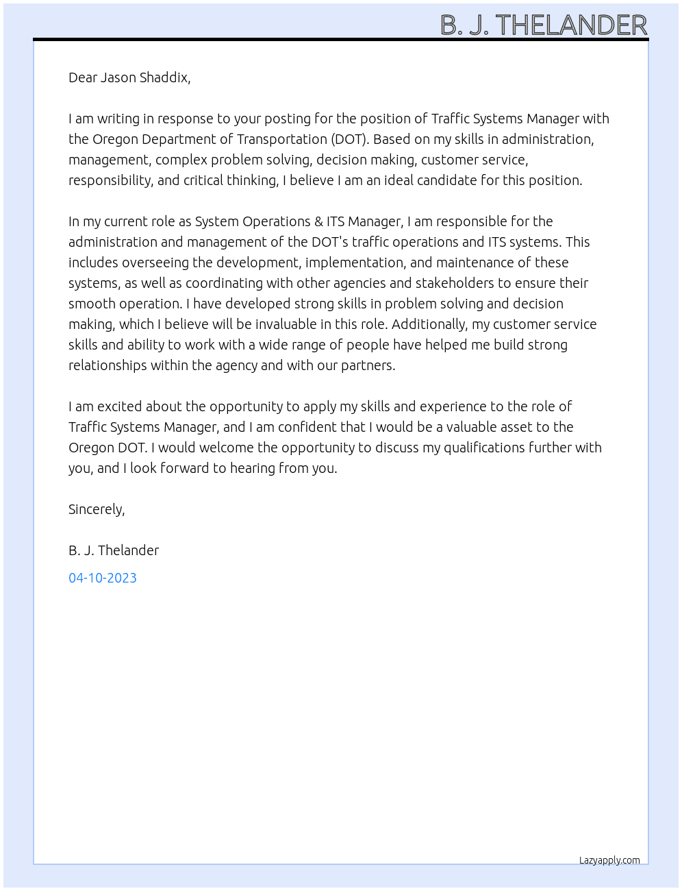 Traffic Systems Manager At Oregon DOT Cover Letter