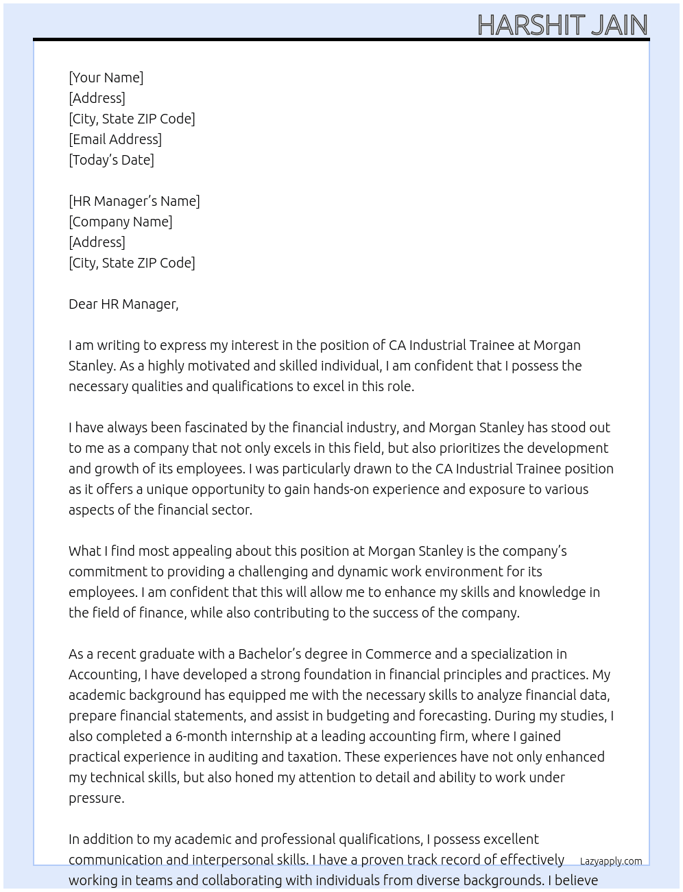 CA Industrial Trainee At Morgan Stanley Cover Letter