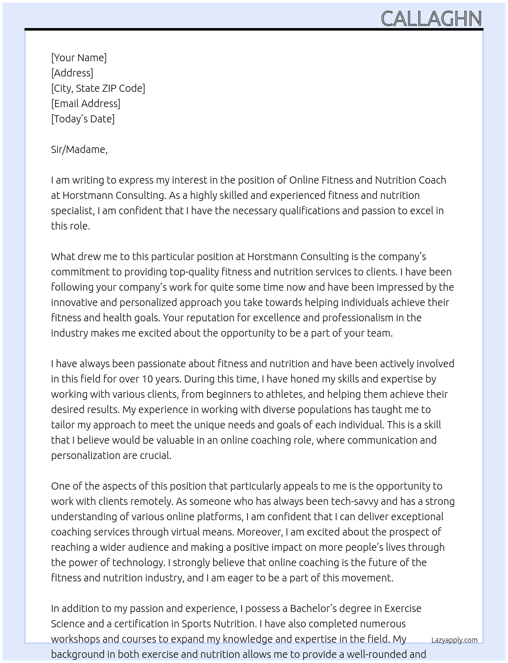Online Fitness and Nutrition Coach At Horstmann Consulting Cover Letter