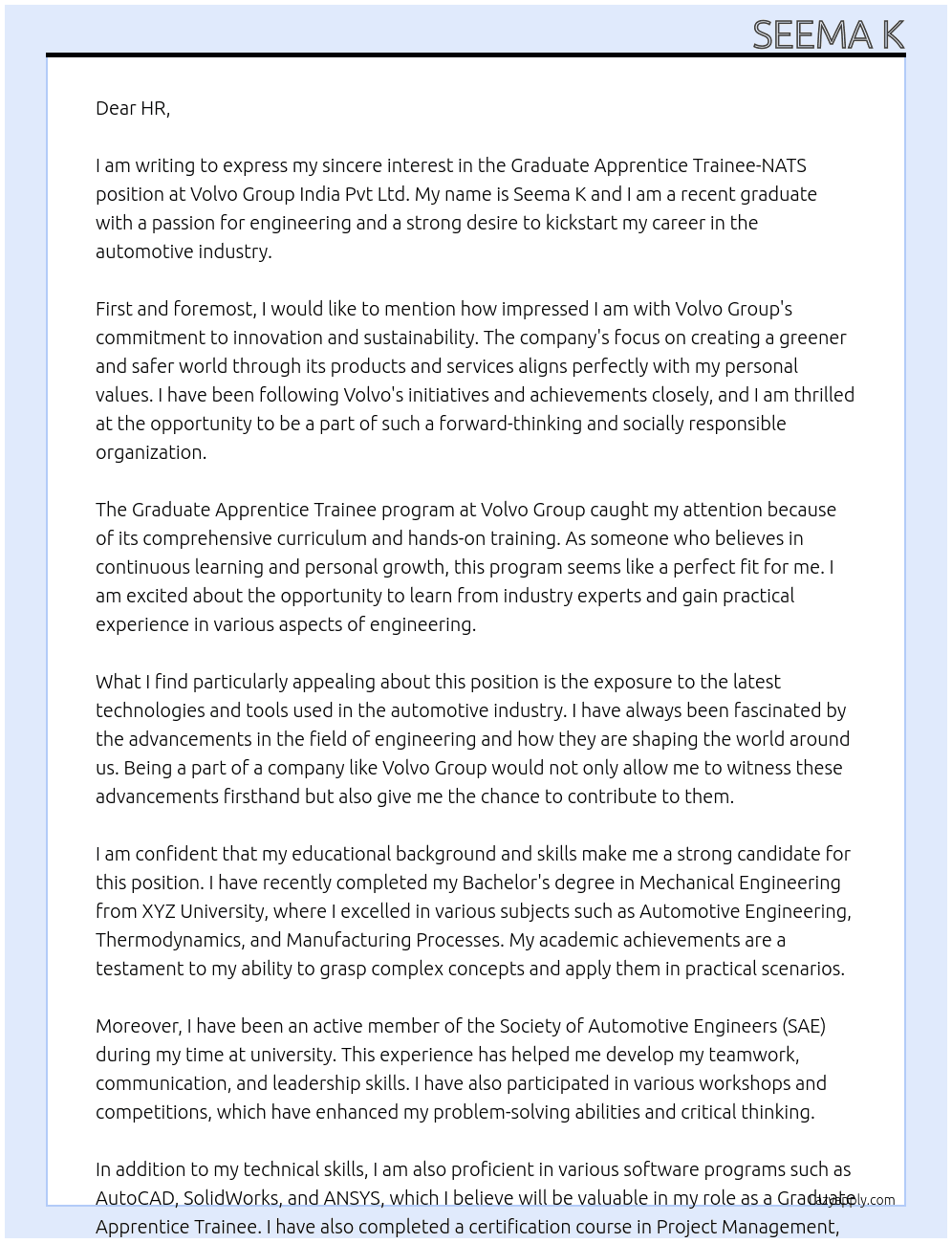Graduate apprentice trainee-NATS At Volvo Group India pvt ltd  Cover Letter