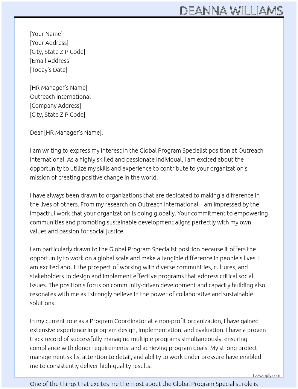 Global Program Specialist At Outreach International Cover Letter
