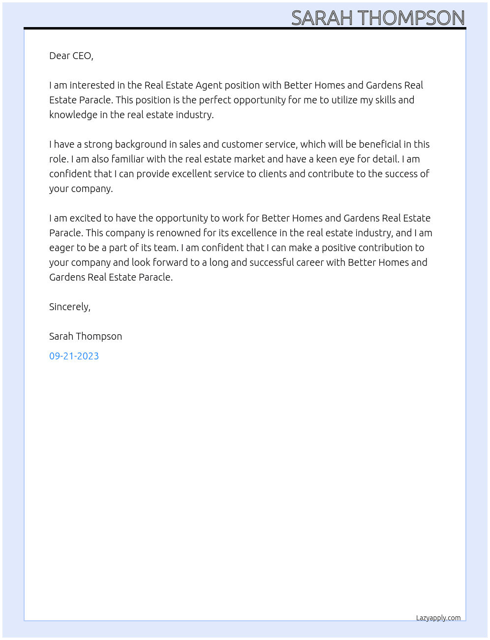 Real Estate Agent At Better Homes and Gardens Real Estate Paracle Cover Letter