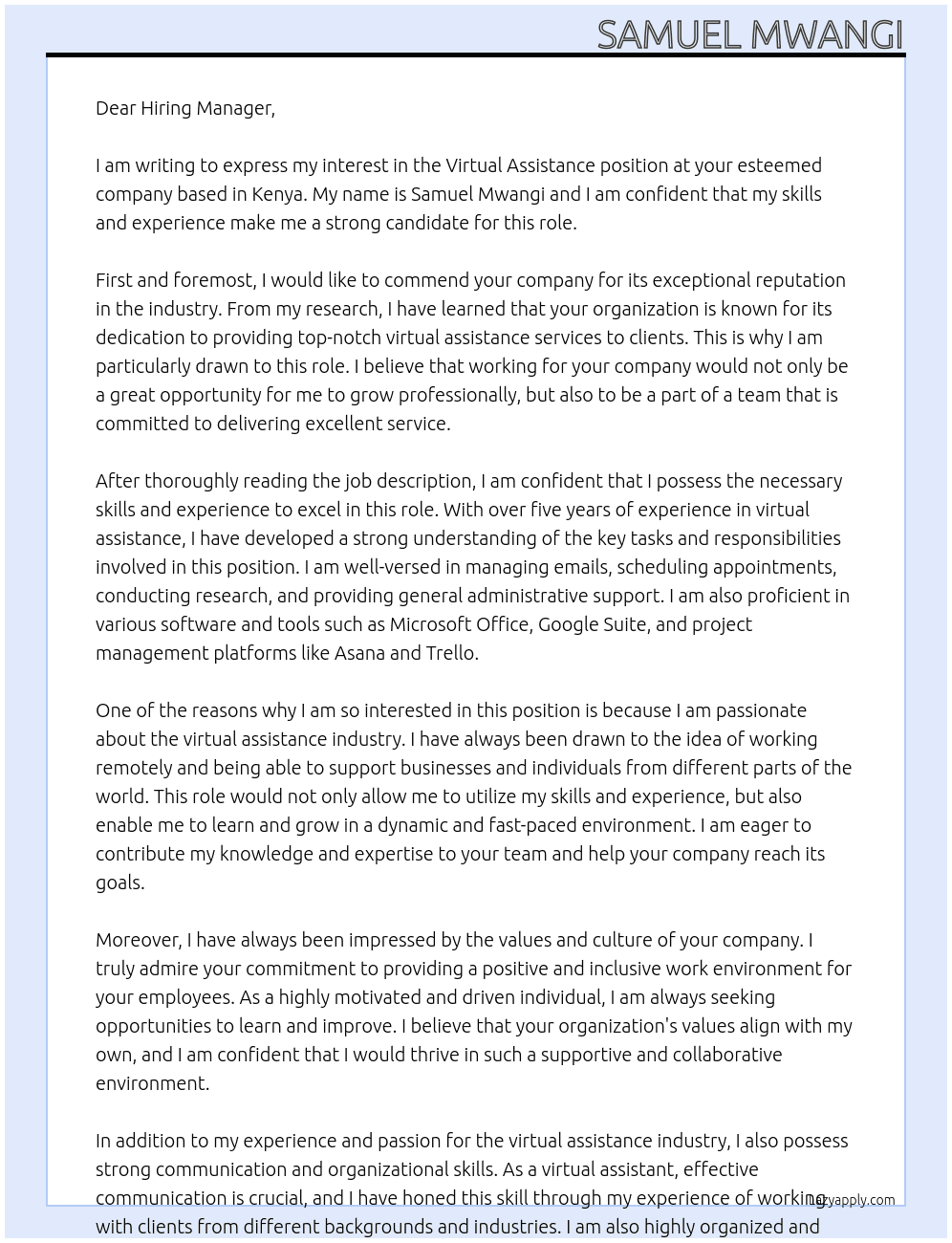 virtual assistance At kenya based Cover Letter