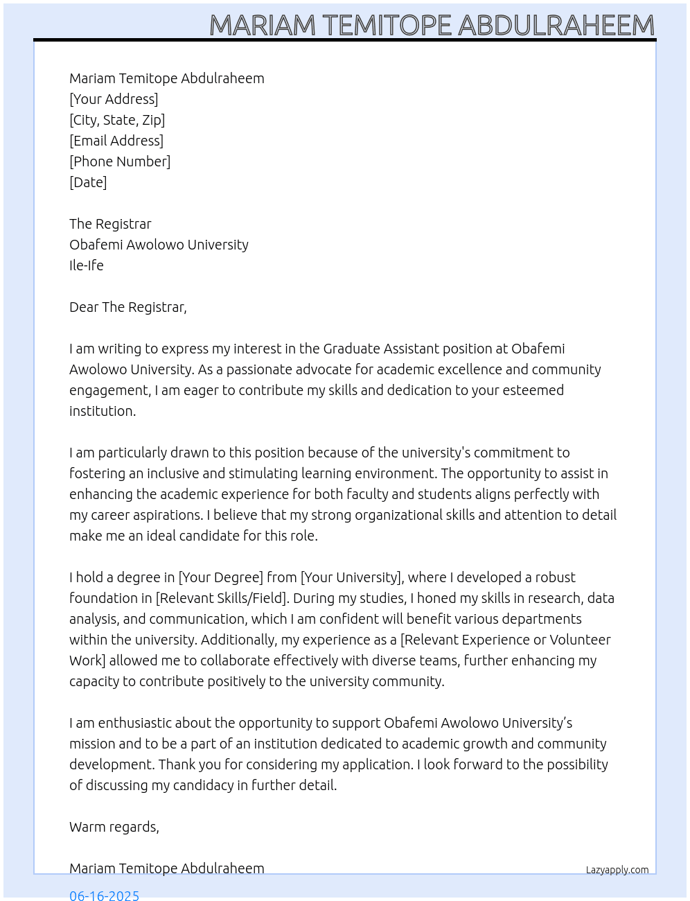 Graduate Assistant At Obafemi Awolowo University, Ile-Ife Cover Letter
