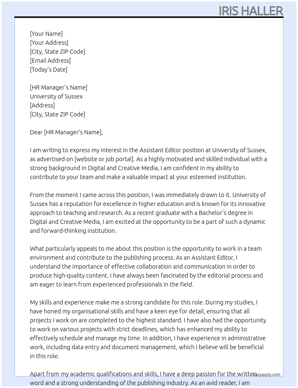 Asisstant editor  At university of sussex  Cover Letter
