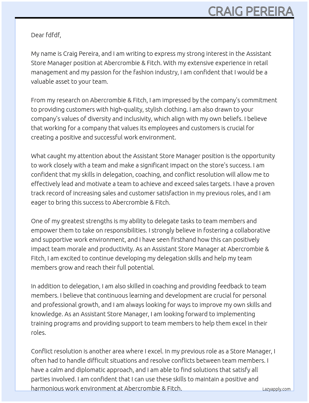 Assistant Store Manager At Abercrombie & Fitch Cover Letter