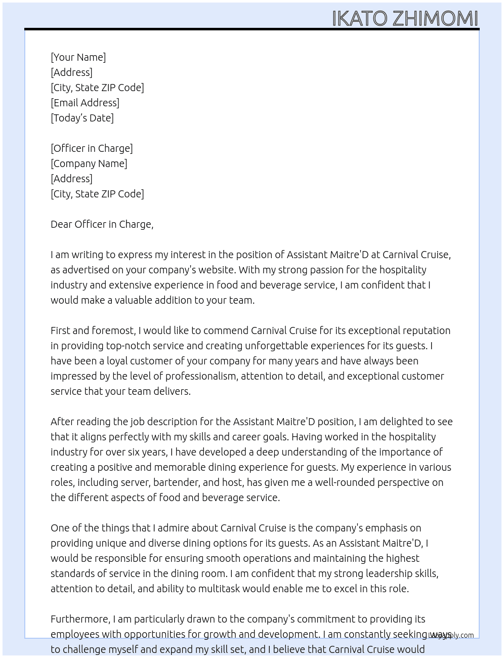 Assistant Maitre'D At Carnival Cruise Cover Letter