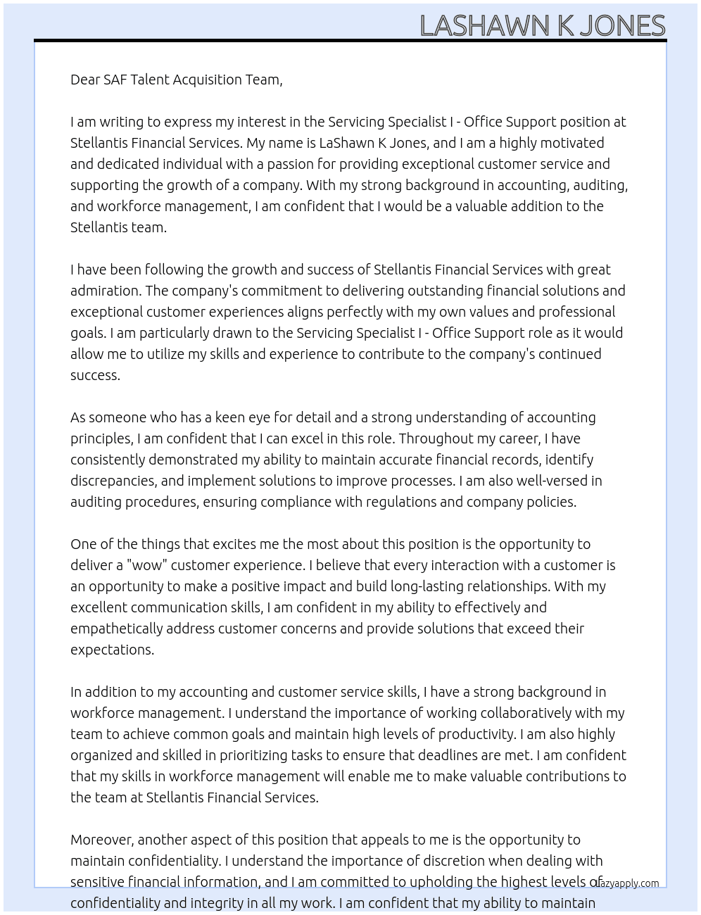 Servicing Specialist I - Office Support At Stellantis Financial Services Cover Letter