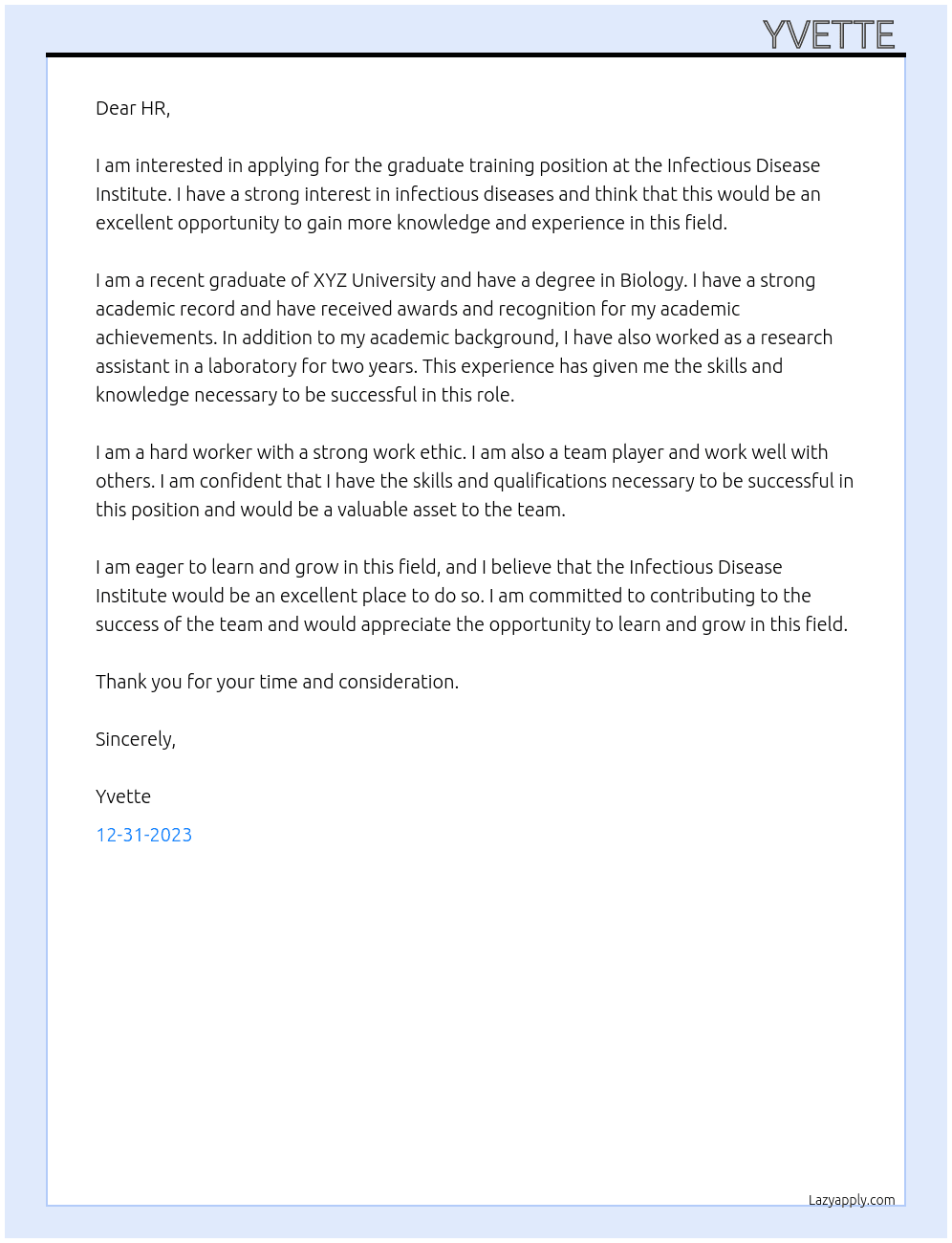 Graduate training  At Infectious disease institute  Cover Letter