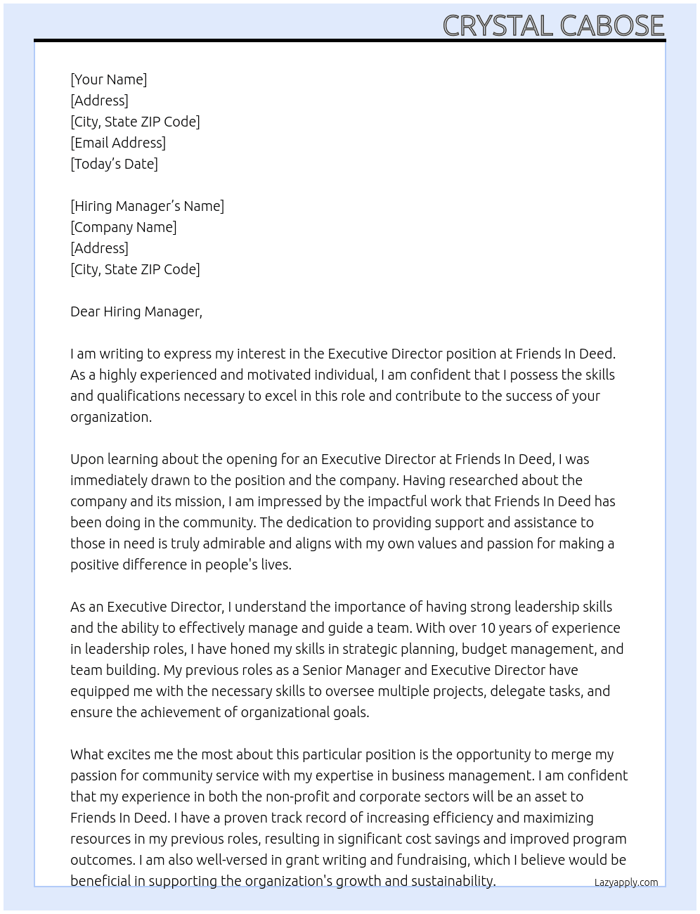 Executive Director At Friends In Deed Cover Letter