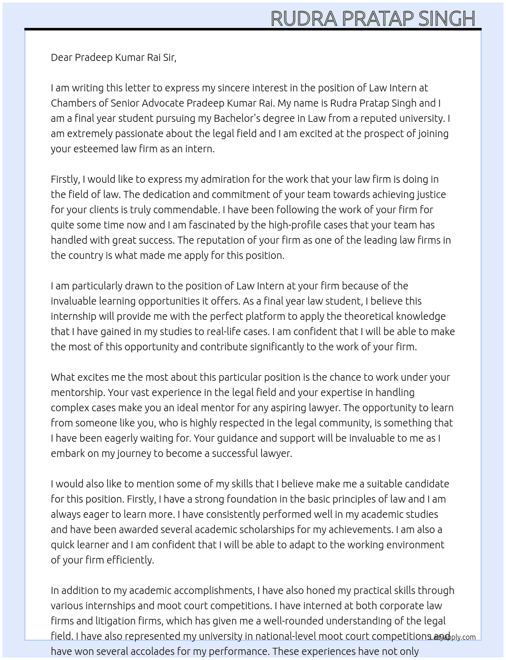 Law Intern  At Chambers of Senior Advocate Pradeep Kumar Rai Cover Letter