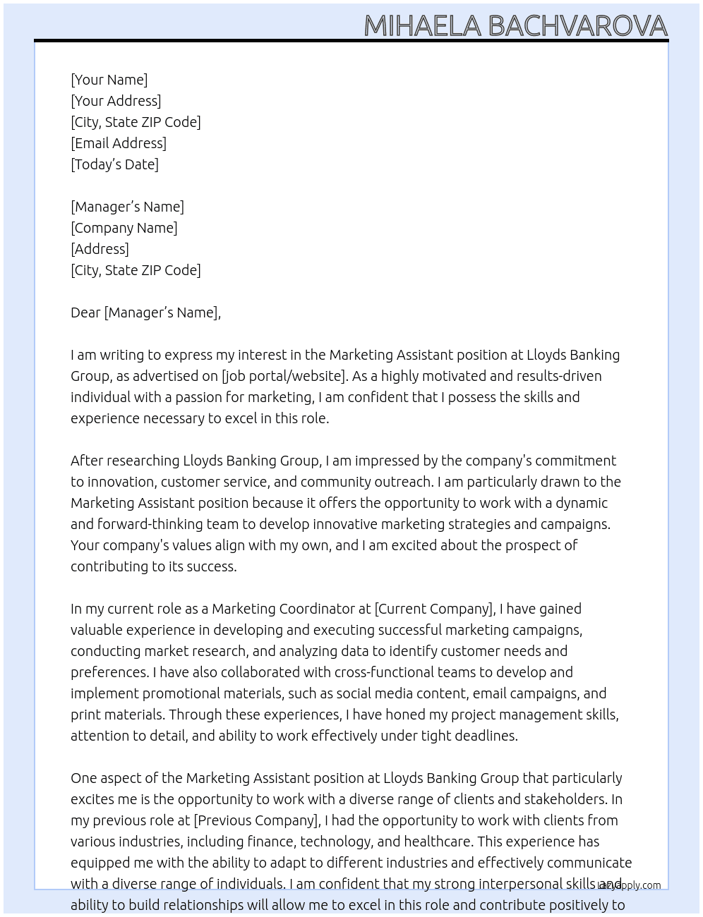 Marketing Assistany At Lloyds Banking Group Cover Letter