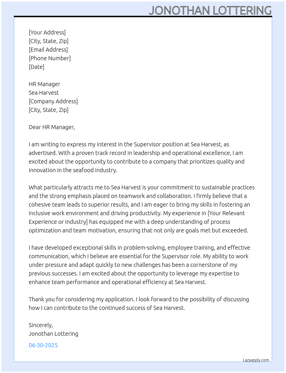 Supervisor At Sea Harvest Cover Letter