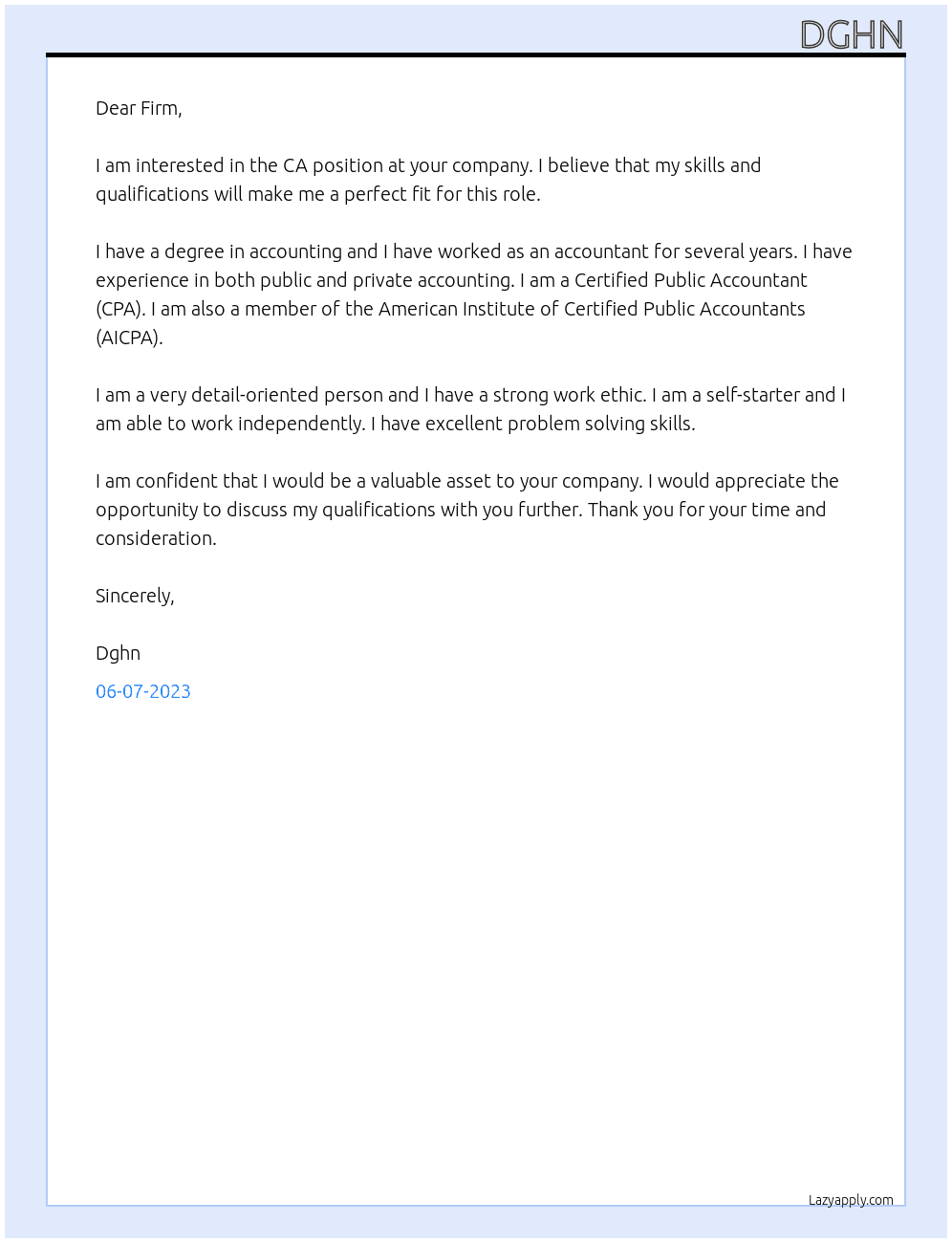 CA At Firm Cover Letter