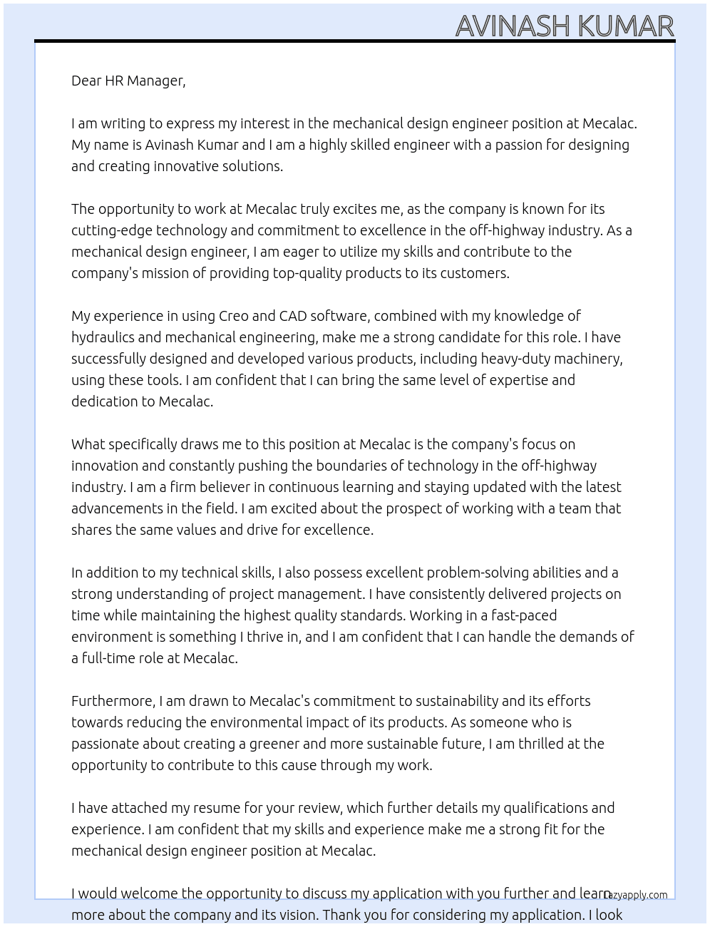 mechanical design engineer At Mecalac Cover Letter