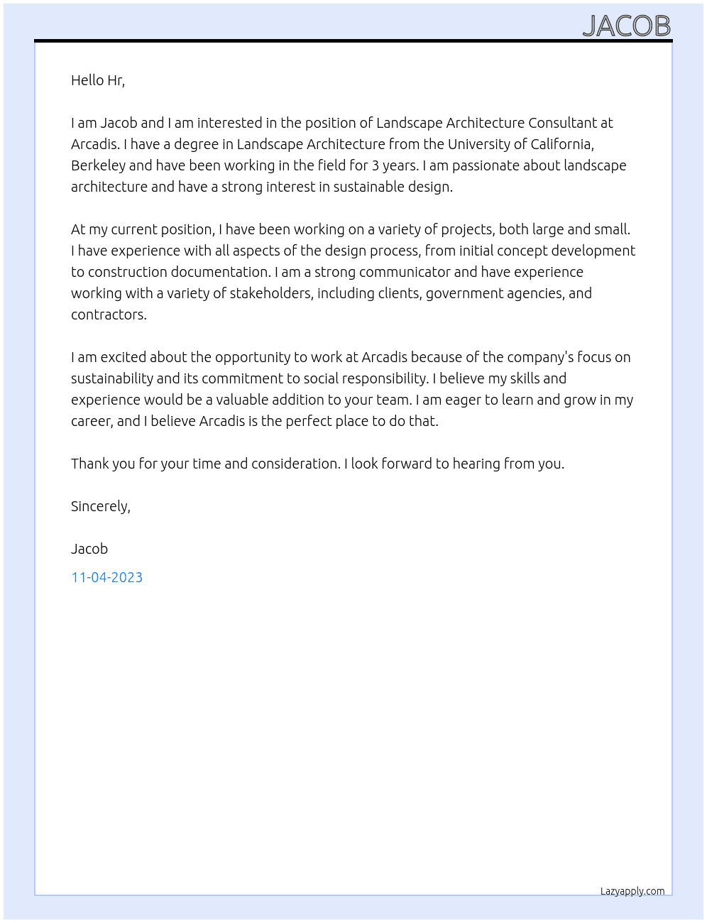 Landscape architeture consultant At Arcadis Cover Letter