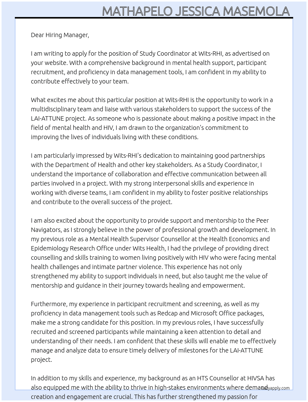 Study Coordinator At Wits-RHI Cover Letter