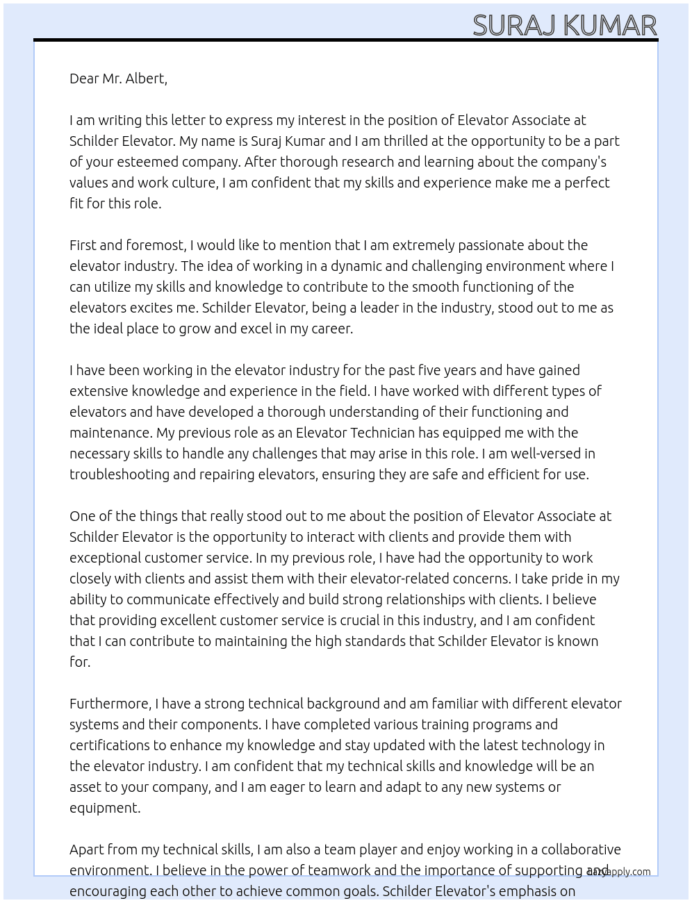 Elevator associate  At Schilder elevator  Cover Letter