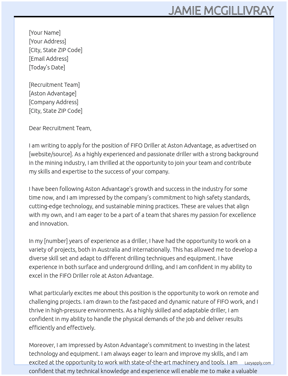 Cover letter for fifo driller - LazyApply