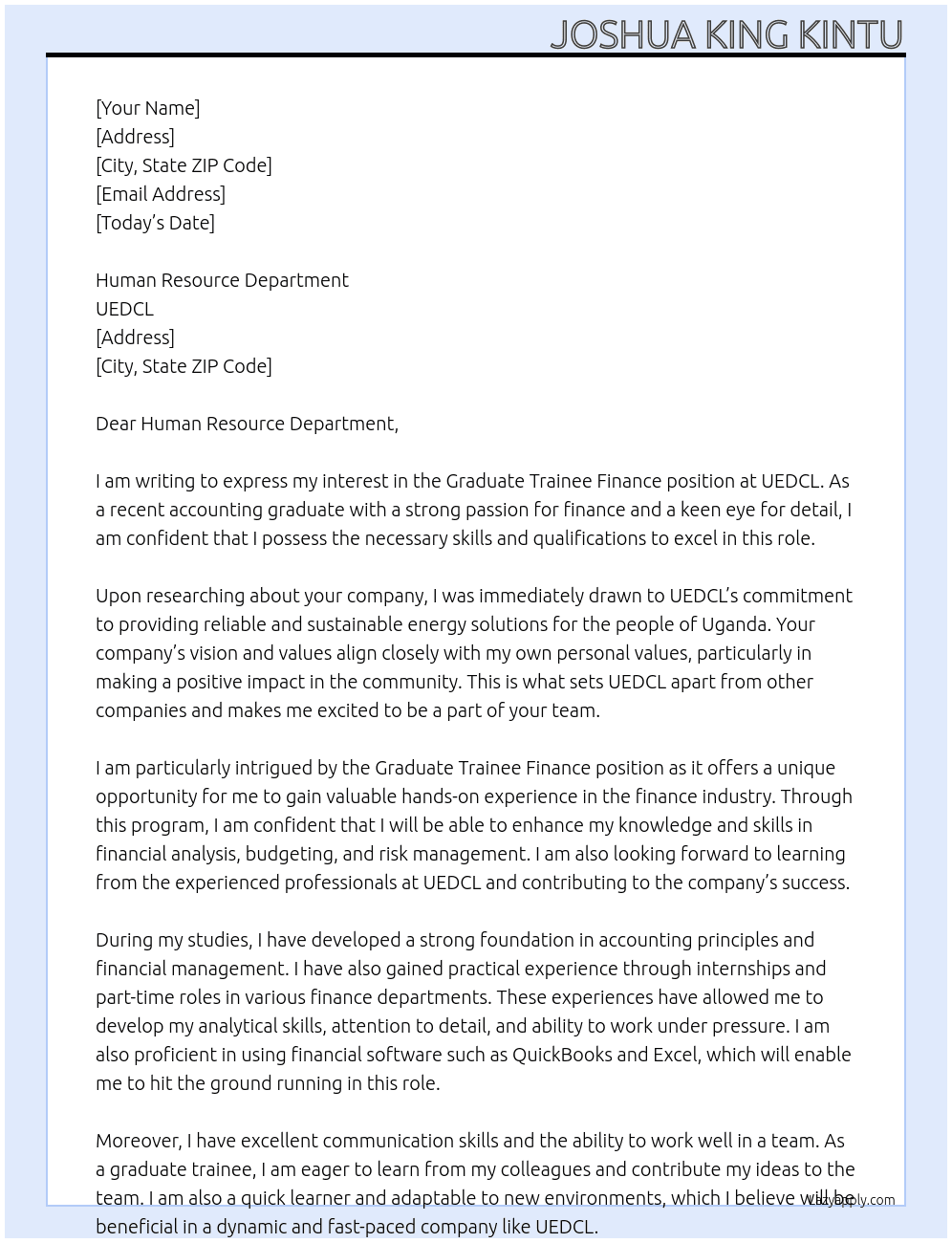 graduate trainee finance At UEDCL Cover Letter