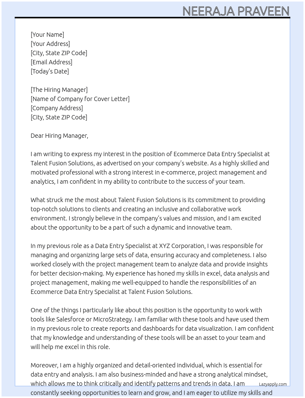 Ecommerce Data Entry Specialist At Talent Fusion Solutions Cover Letter