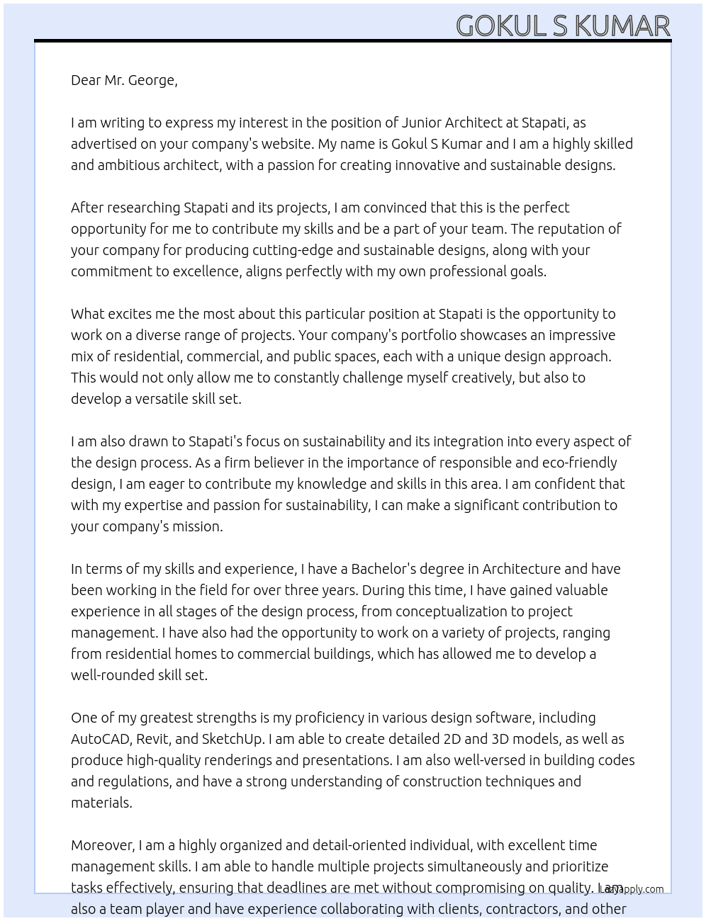 junior architect At stapati Cover Letter