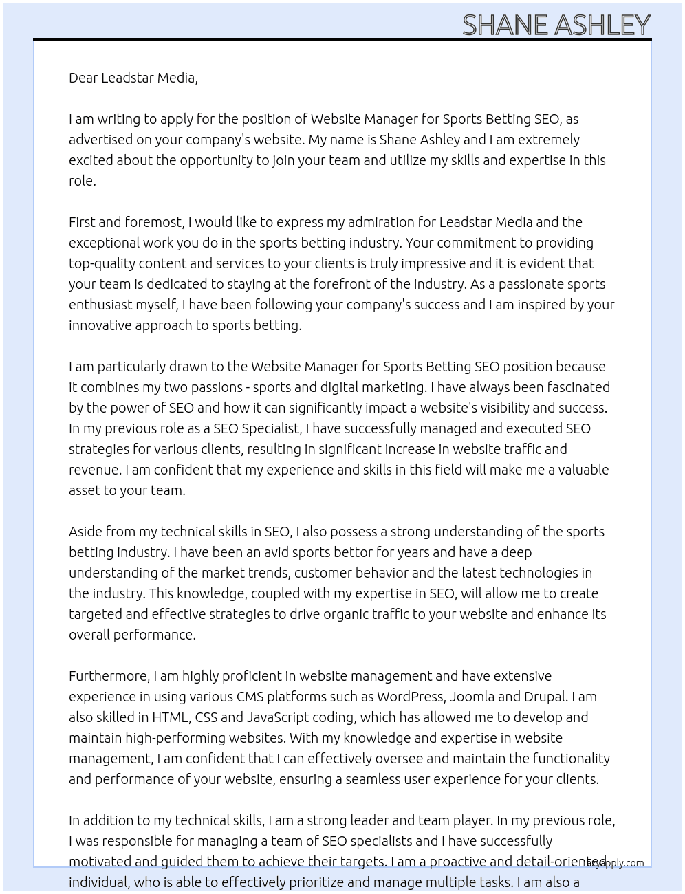Website Manager for Sports Betting SEO At Leadstar Media  Cover Letter