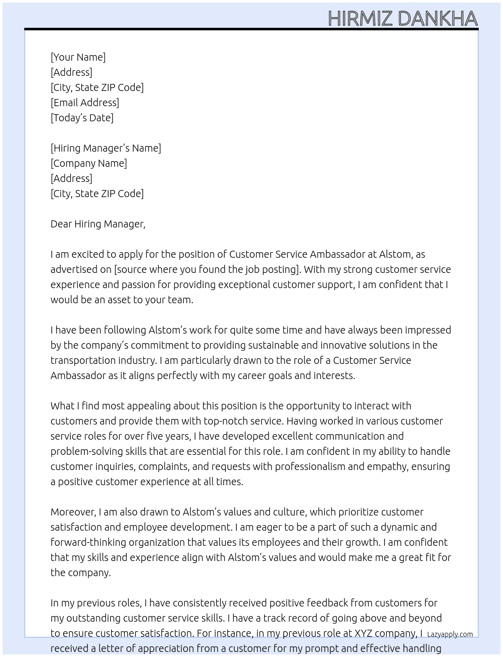 Customer Service Ambassador At Alstom Cover Letter