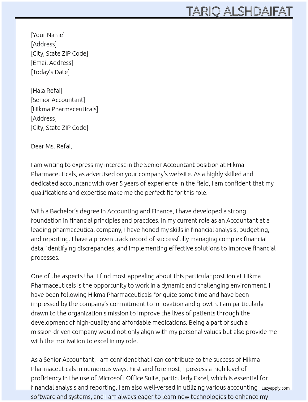 Senior Accountant At Hikma Pharmaceuticals Cover Letter