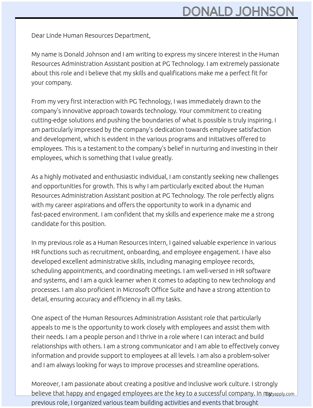 Human Resources administration assistant  At PG technology  Cover Letter