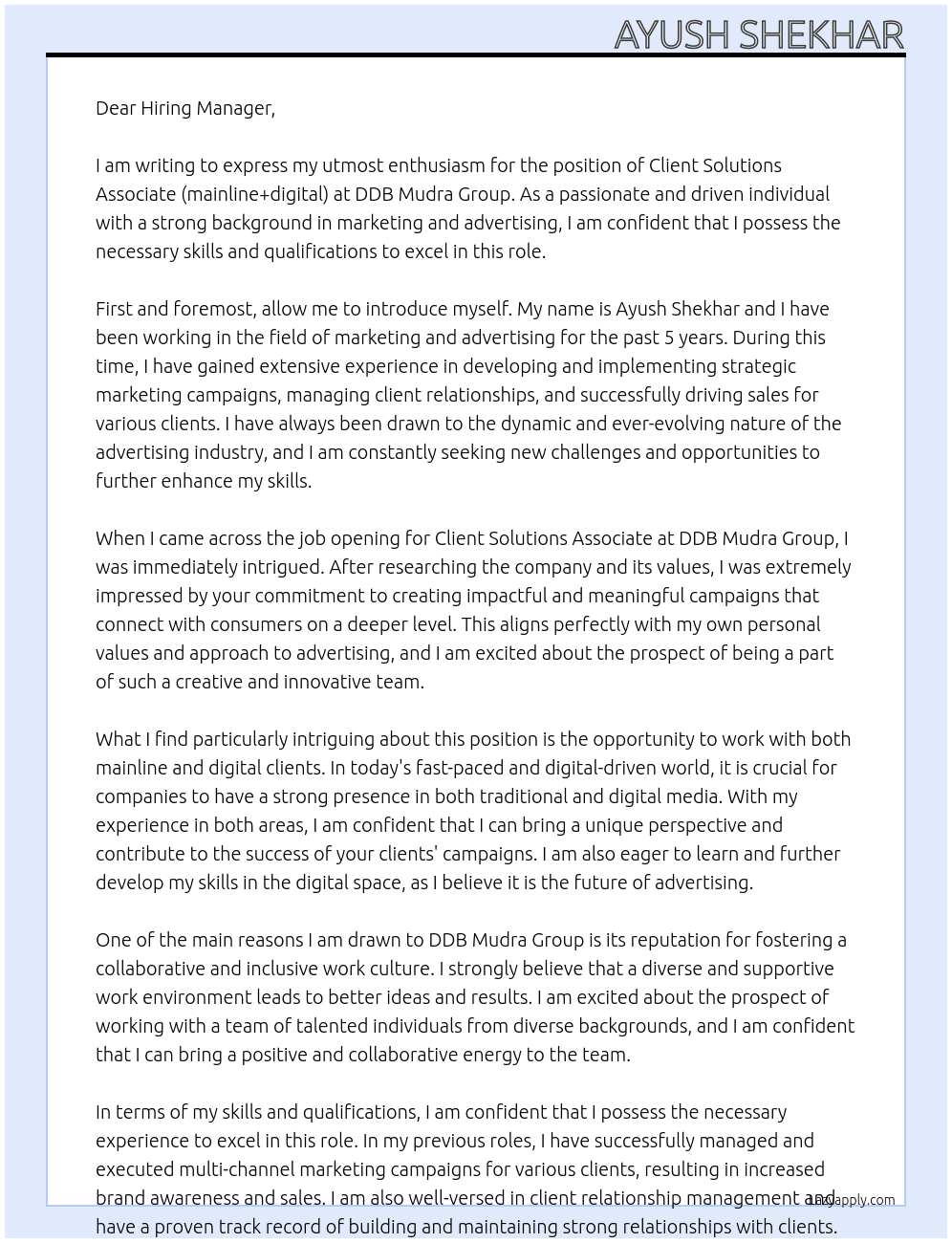 Client Solutions Associate (mainline+digital) At DDB Mudra Group Cover Letter